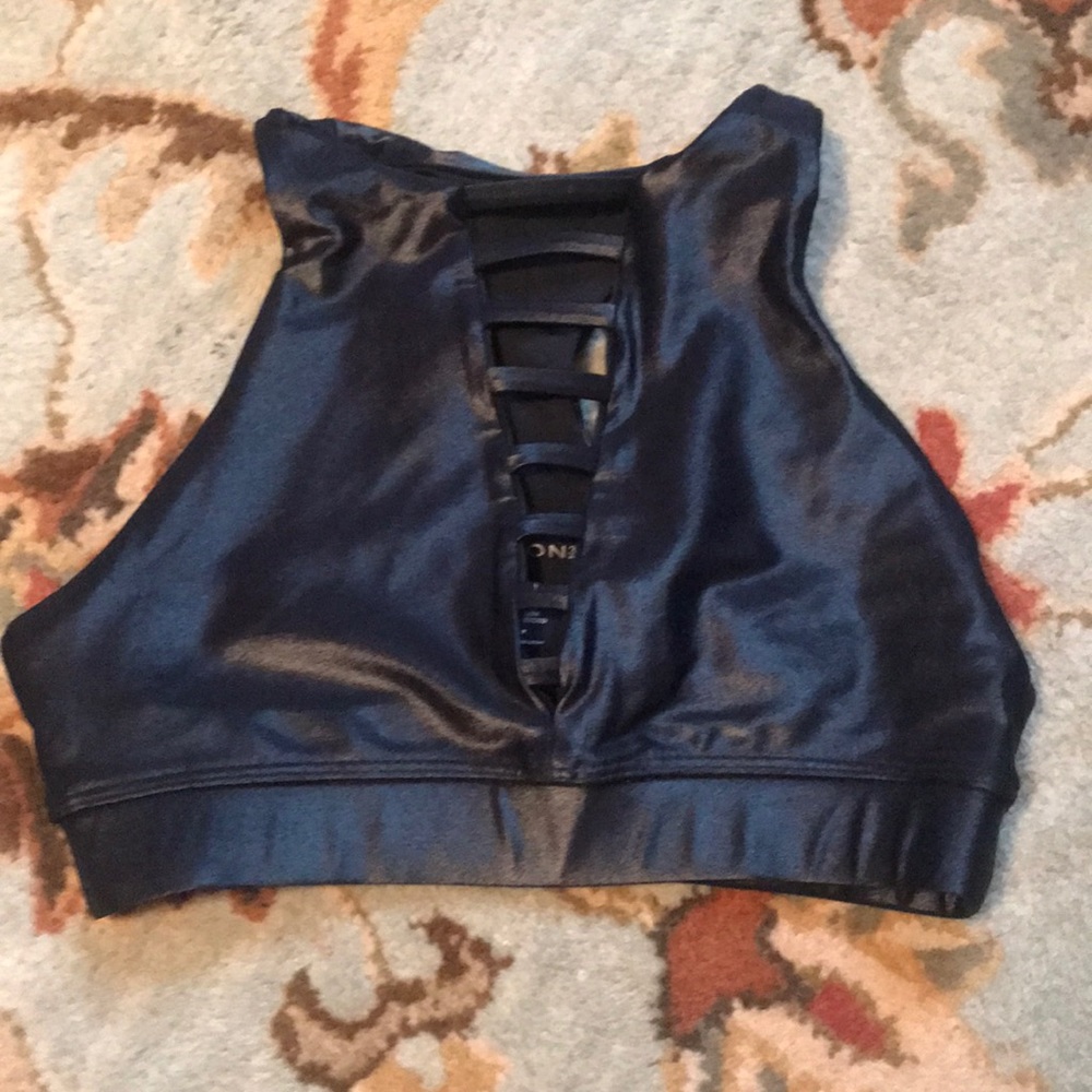 Carbon38 Black Faux-Leather Strappy High-Neck Bralette